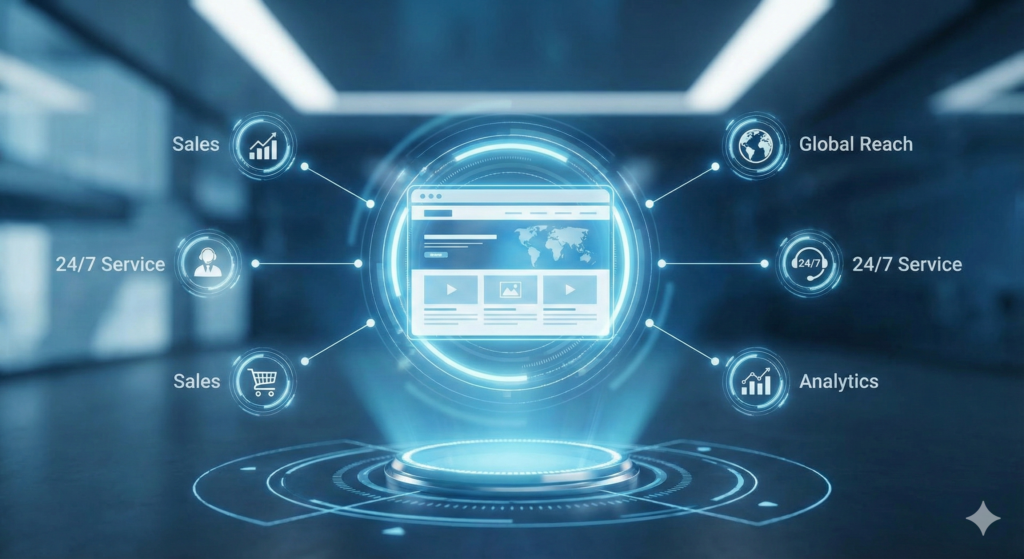 Representación conceptual de una página web como el centro de operaciones digitales de un negocio moderno en 2026.