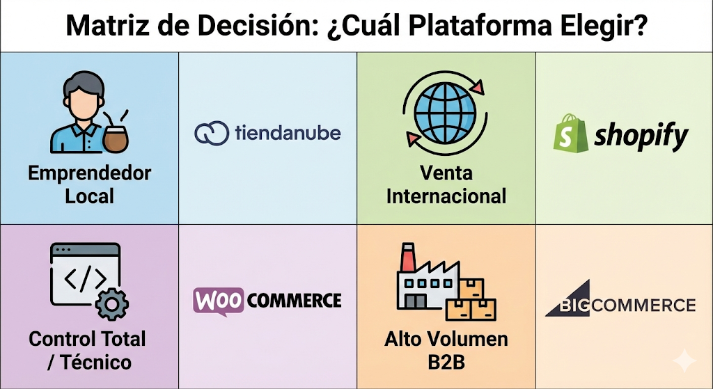 Matriz visual que recomienda la mejor plataforma de e-commerce (TiendaNube, Shopify, WooCommerce) según el perfil del emprendedor o negocio.