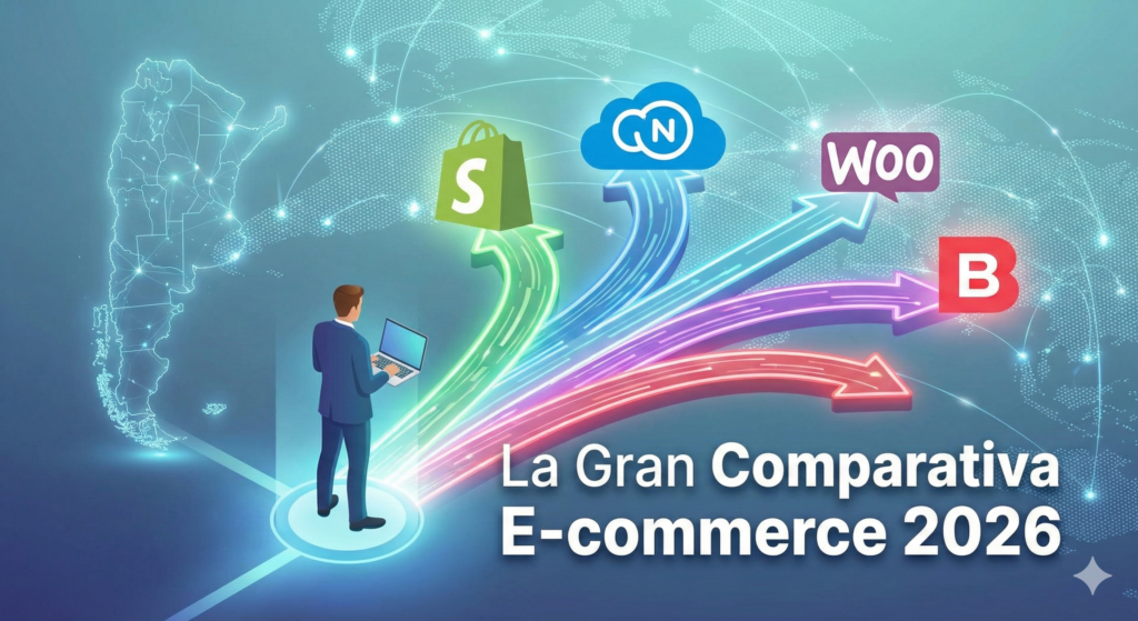 Ilustración conceptual que muestra múltiples caminos hacia diferentes plataformas de e-commerce como Shopify, TiendaNube, WooCommerce y BigCommerce en Argentina.