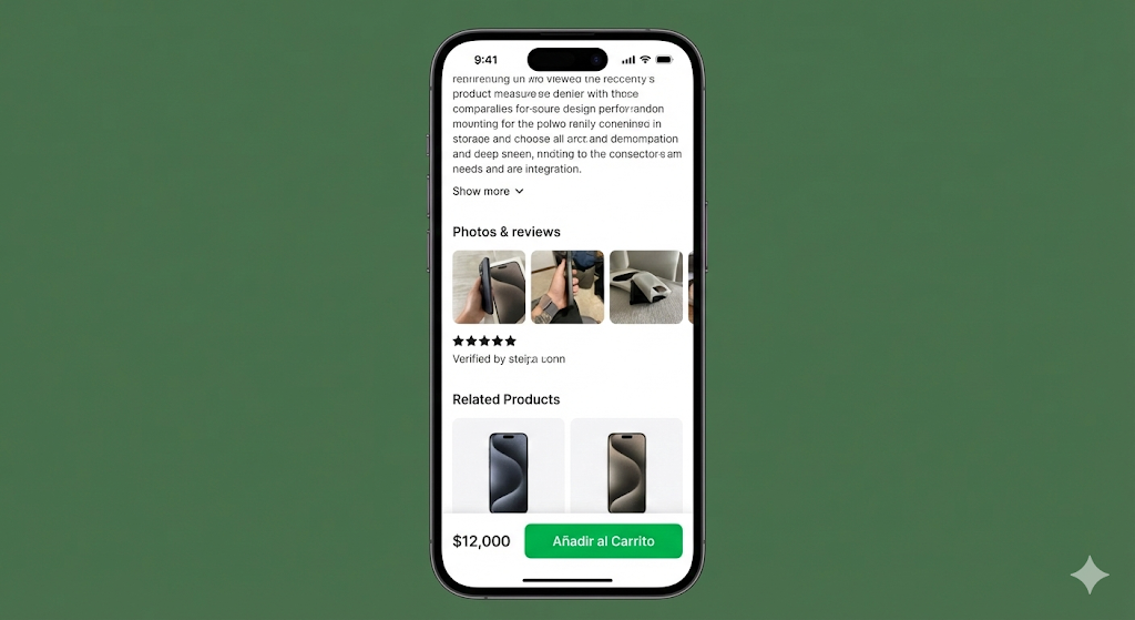 Mockup de una ficha de producto en móvil mostrando una barra de compra fija (sticky CTA) en la parte inferior de la pantalla.