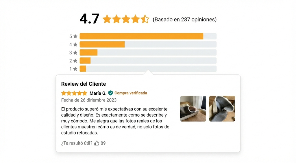 Mockup de una sección de reseñas de producto en e-commerce con rating promedio, gráfico de distribución y un ejemplo de review con fotos de cliente y etiqueta de compra verificada.