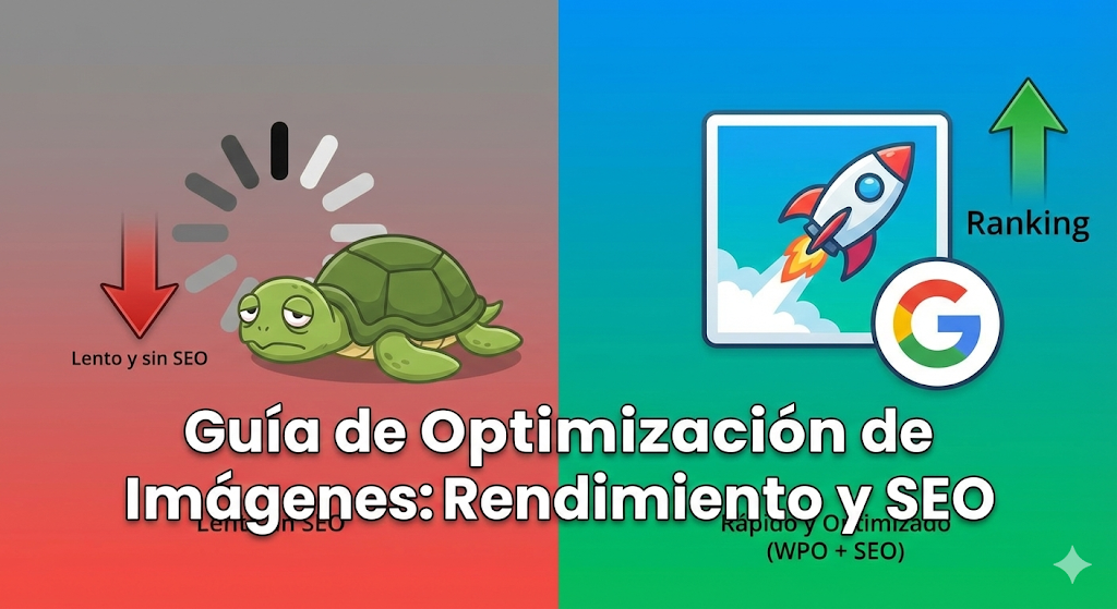 Ilustración comparativa que muestra la diferencia entre un sitio web lento con imágenes sin optimizar y un sitio rápido con imágenes optimizadas para WPO y SEO.