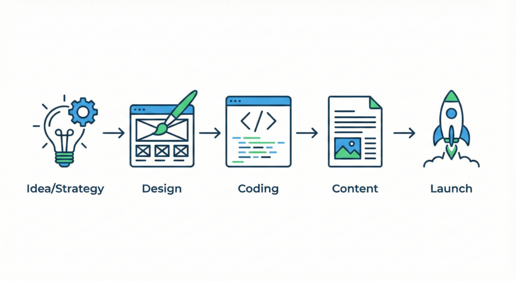 Ilustración lineal del proceso de desarrollo web en 5 pasos: Estrategia, Diseño, Programación, Contenido y Lanzamiento.