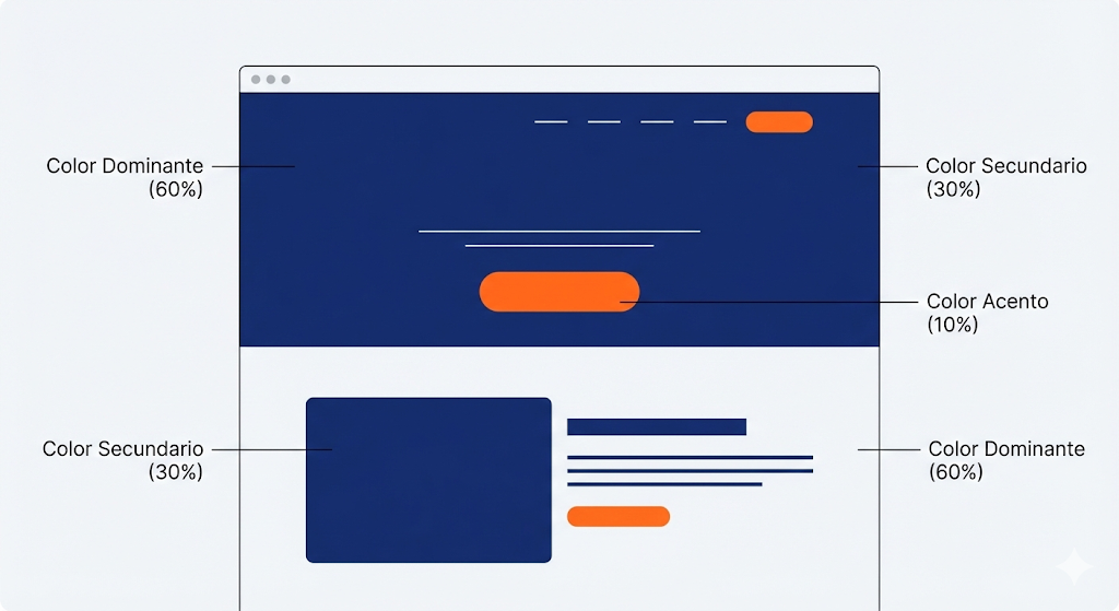 Ejemplo visual de la regla 60-30-10 aplicada en un sitio web para balancear el color dominante, secundario y de acento.