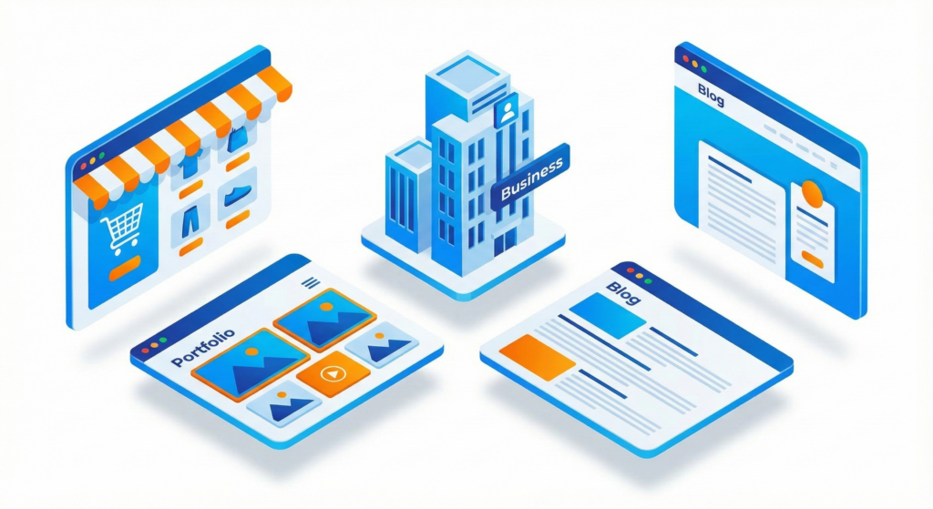 Ilustración isométrica comparando tipos de sitios web: e-commerce, corporativo, portafolio y blog.