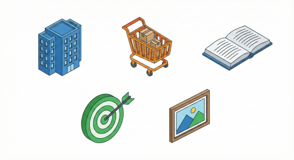 Iconos isométricos representando los 5 tipos principales de páginas web: Corporativa, E-commerce, Blog, Landing Page y Portfolio.