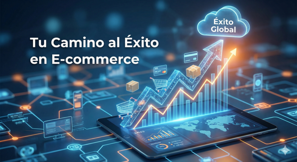 Portada de la guía definitiva de E-commerce 2026: Representación del camino al éxito digital con dispositivos mostrando una tienda online profesional y optimizada para ventas.