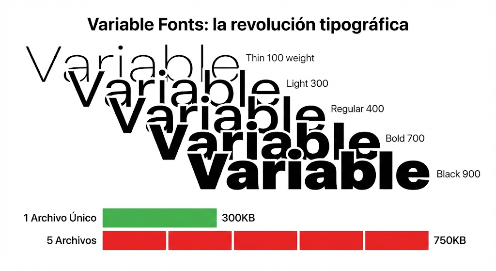 Gráfico demostrando cómo una fuente variable contiene múltiples pesos en un solo archivo optimizado para la web.