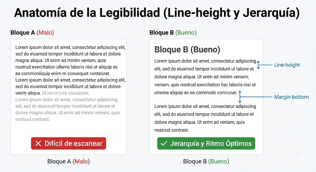 Ejemplo visual comparando un texto con mala legibilidad frente a uno optimizado con interlineado y jerarquía visual correcta.
