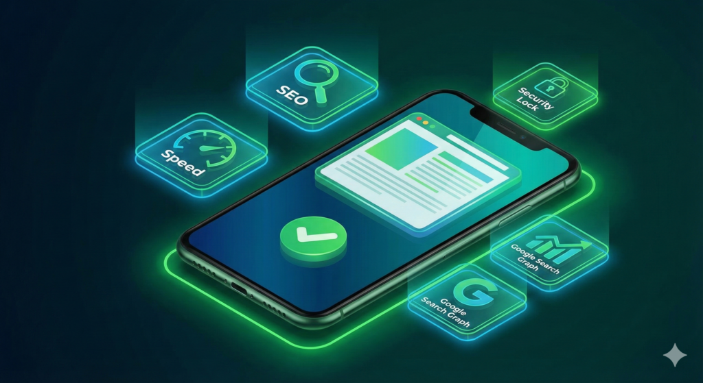 Ilustración 3D representando una página web optimizada para móviles, con alta velocidad de carga y buen posicionamiento SEO.
