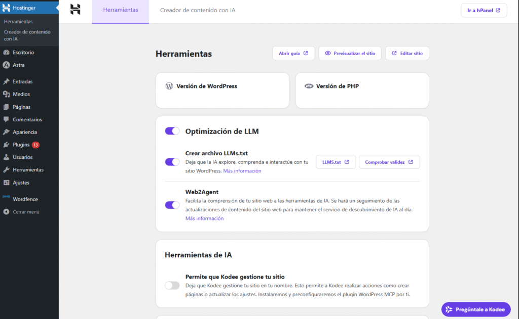 Interfaz del panel de administración de WordPress