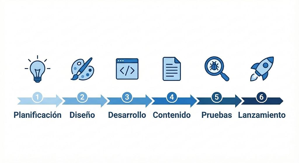 Hoja de ruta visual del proceso de creación web en 6 fases: Planificación, Diseño, Desarrollo, Contenido, Testing y Lanzamiento.