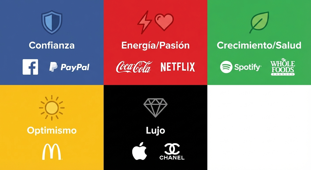 Infografía mostrando la psicología del color en marketing con ejemplos de marcas famosas asociadas a cada color (azul confianza, rojo energía, etc.).