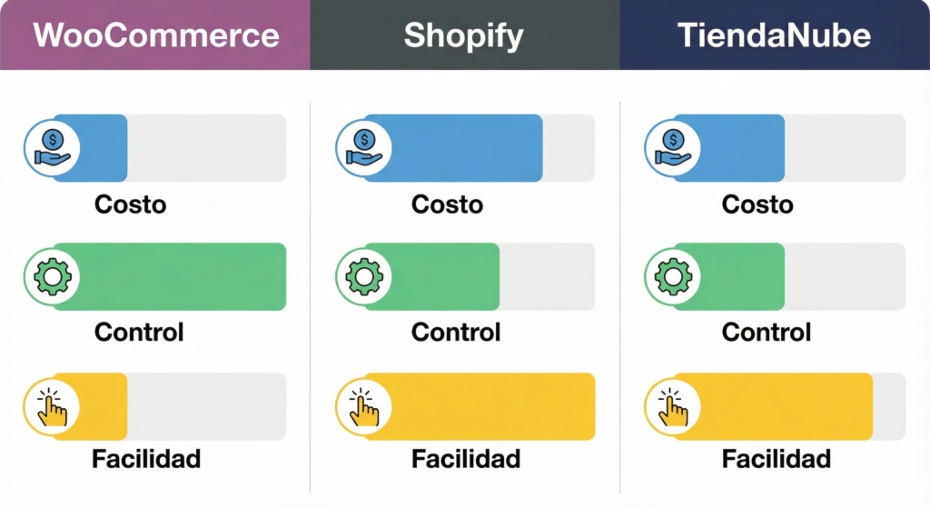Gráfico de barras comparando WooCommerce, Shopify y TiendaNube en función de costo, control y facilidad de uso.