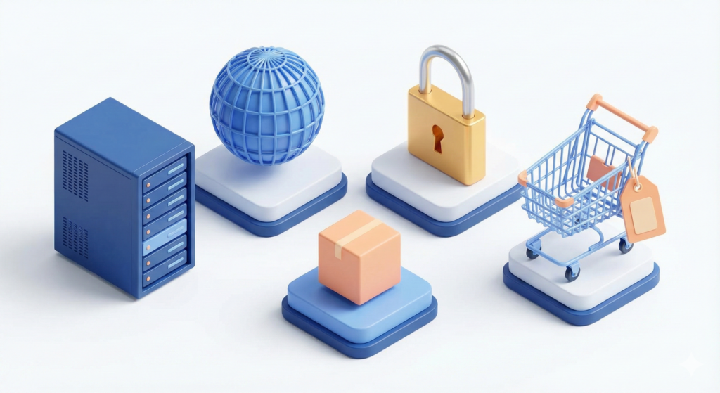 Ilustración isométrica que muestra los componentes de inversión inicial de una tienda online: Hosting, Dominio, Certificado SSL y Plataforma.