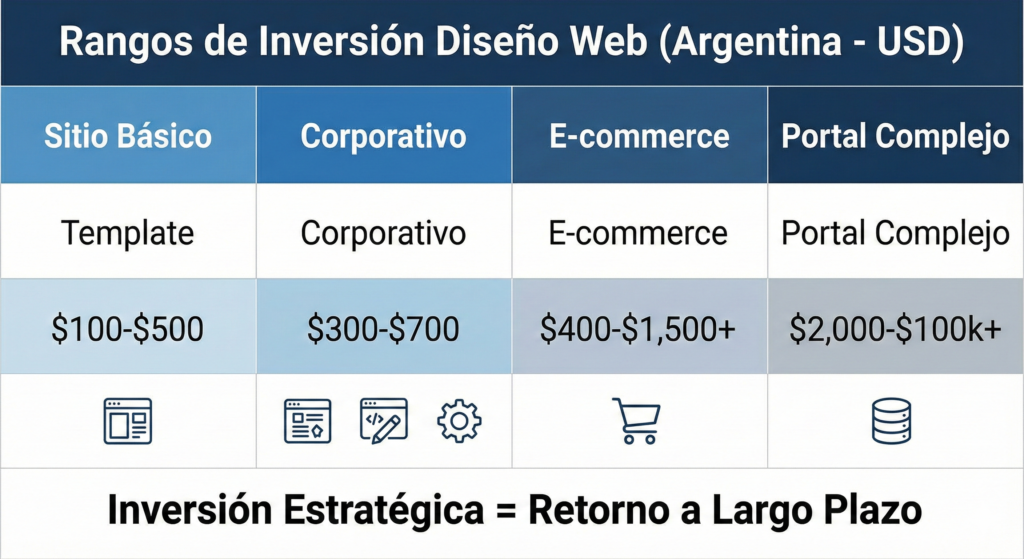 Tabla infográfica resumiendo los rangos de precios de inversión en diseño web en Argentina (USD) para sitios básicos, corporativos, e-commerce y portales complejos.