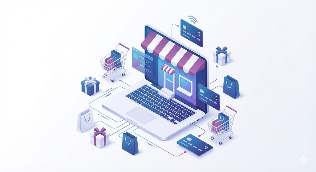 Ilustración 3D isométrica de una tienda online moderna emergiendo de la pantalla de un ordenador portátil, con elementos como carritos de compra, productos y tarjetas de crédito flotando, representando el poder de WooCommerce.