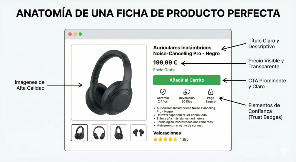 Diagrama que señala los elementos esenciales de una ficha de producto e-commerce de alta conversión: título descriptivo, precio claro, botón de compra prominente, imágenes de calidad y sellos de confianza.