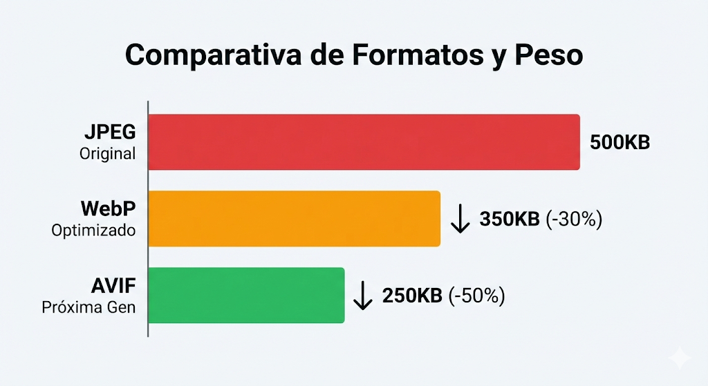 Gráfico de barras comparando la reducción de tamaño de archivo entre formatos JPEG, WebP y AVIF manteniendo la calidad visual.