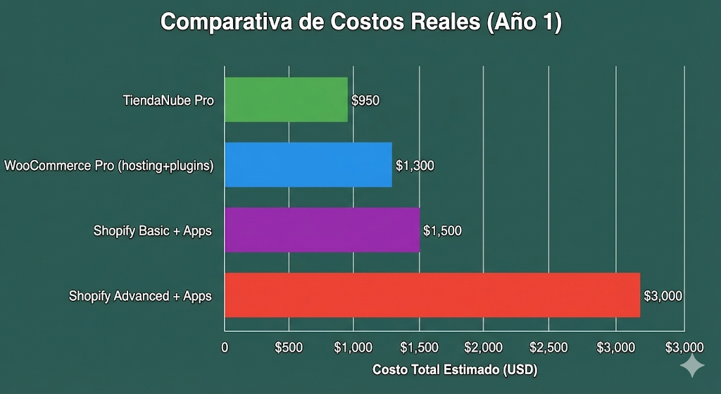 Gráfico de barras comparando el costo total anual estimado de Shopify, TiendaNube y WooCommerce en Argentina, incluyendo comisiones y apps.