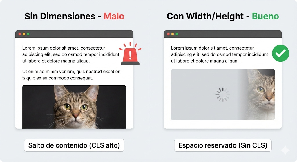 Comparativa visual que muestra cómo la falta de dimensiones explícitas en imágenes causa saltos de contenido (CLS) y cómo evitarlo reservando espacio.